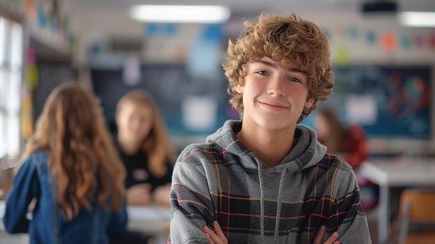 Photo confident young student standing in a classroom