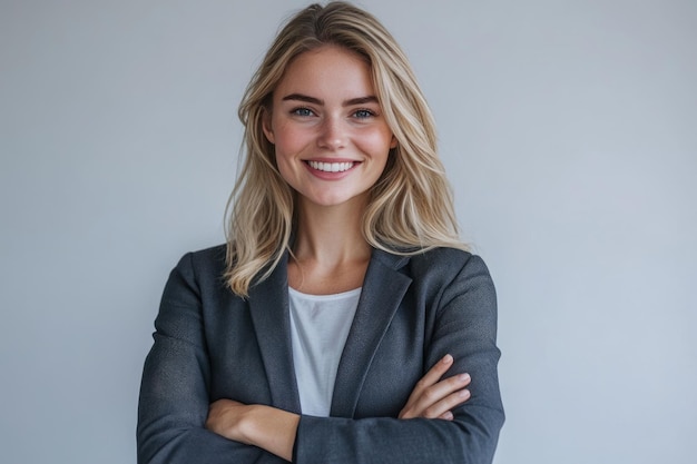 Photo confident young woman in blazer poses for camera