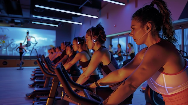 Confident young woman in a group cycling class at the gym She is wearing a wireless