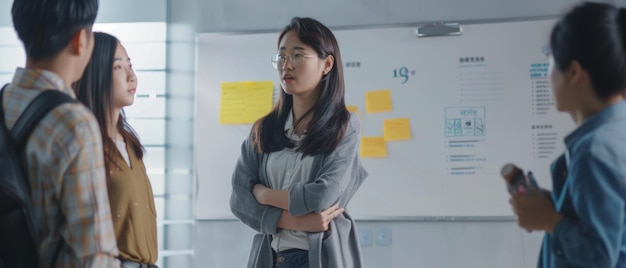 Confident young woman leading a business meeting with colleagues