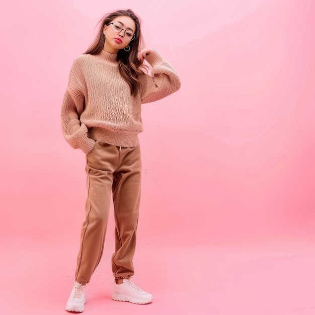 A confident young woman poses against a vibrant pink backdrop in fashionable casual attire during a sunny afternoon