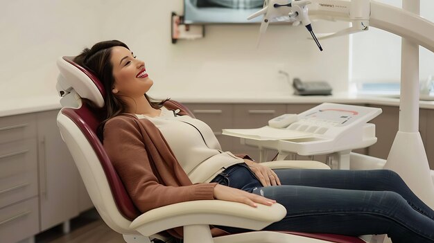 Photo confident young woman sitting in a dentist chair and smiling she is wearing a brown sweater and blue jeans the dental office is modern and bright