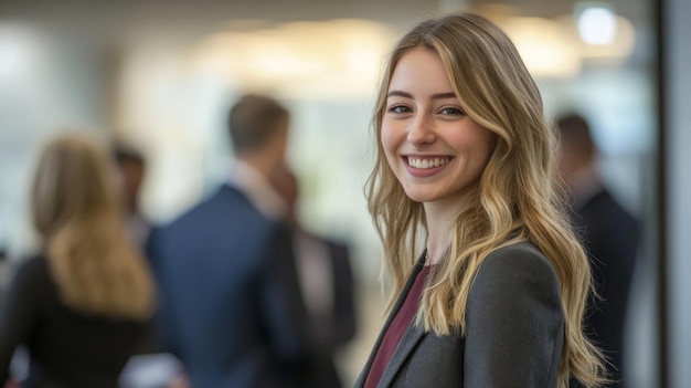 Photo a confident young woman smiles brightly in a professional setting her hair frames her face highlighting her warmth and approachability this image exudes positivity and professionalism ai