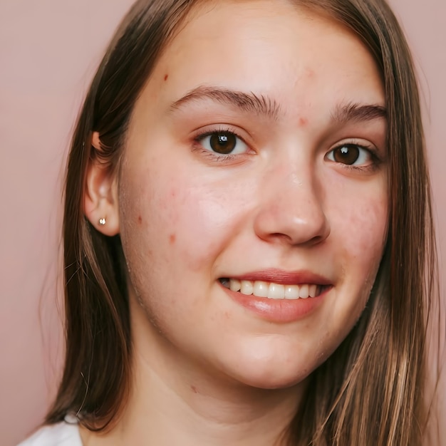 Photo confident young woman smiling with visible acne exuding positivity