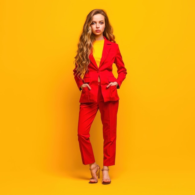 Photo a confident young woman in a vibrant red suit poses against a bold yellow backdrop exuding style and empowerment in a modern fashion setting