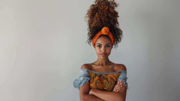 Confident Young Woman with Curly Hair and Orange Headband in Casual Wear