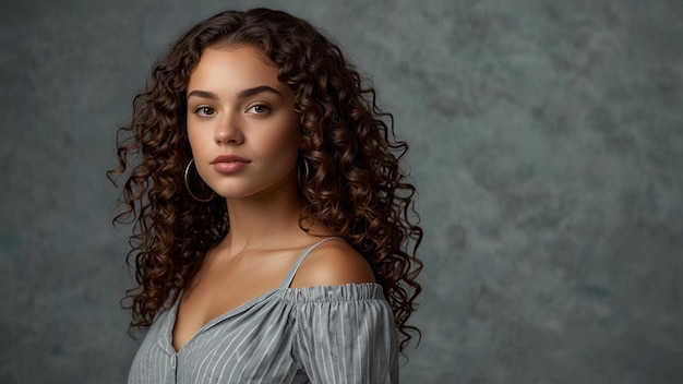 Photo confident young woman with curly hair in professional studio portrait generated ai