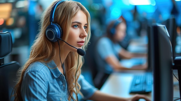 Photo confident young woman with headset working in a tech support center