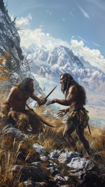 Conflict between Homo sapiens and Neanderthals showcasing an intense encounter