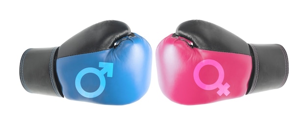 Conflict between men and women Discrimination fight for rights Boxing gloves with male and female gender symbols isolated on white background