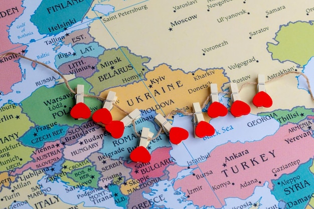 The conflict between Russia and Ukraine A peaceful concept the border of states is divided by hearts