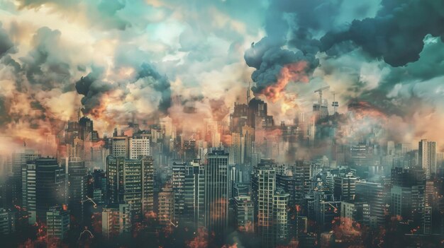 Photo conflictridden city with clouds showing crisis damage and urban destruction ai generative