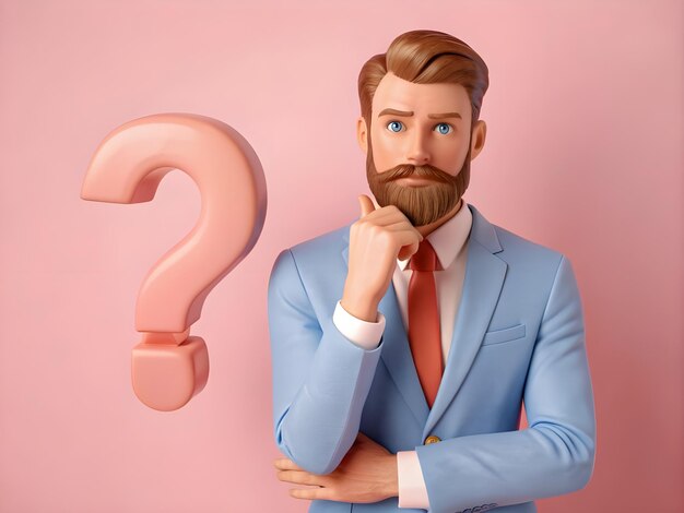 Photo confused 3d cartoon character businessman with question mark