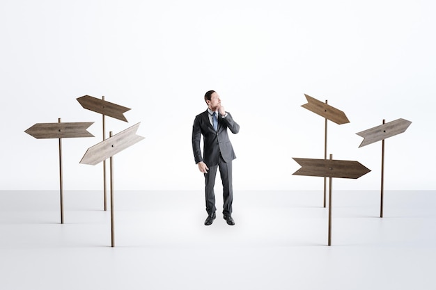 Confused businessman among wooden road signs with different directions on light background work strategy for success and life choice concept