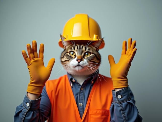 Photo confused construction worker with cat head in hard hat and gloves faces occupational hazards