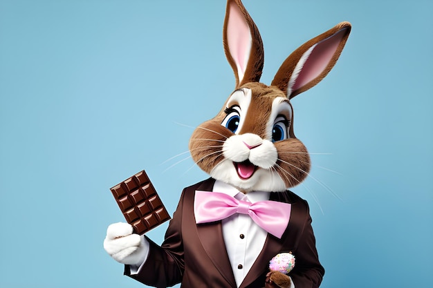 Confused easter bunny holding chocolate candy