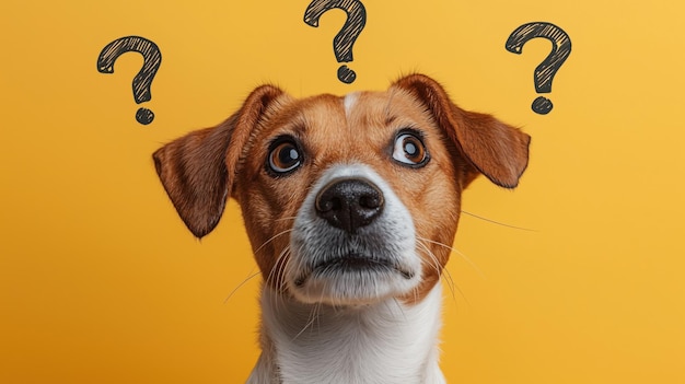 Photo confused little dog with question marks on yellow background