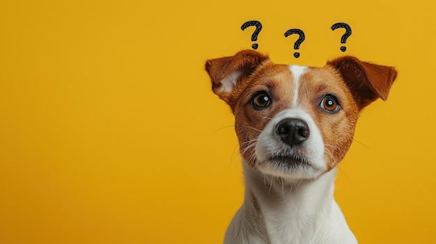 Photo confused little dog with question marks on yellow background