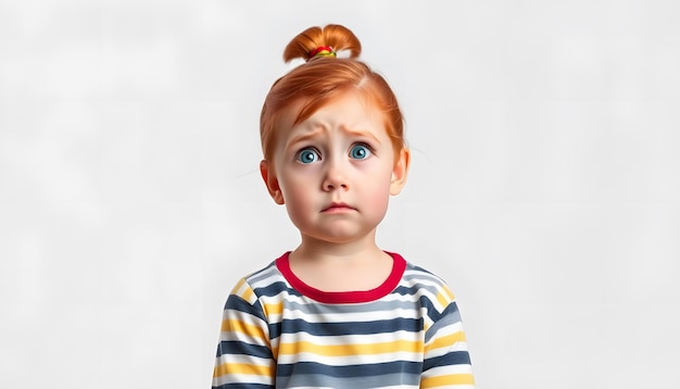 Photo confused little redhead girl isolated with white highlights