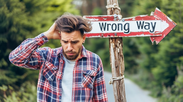 Photo confused man at crossroad with sign displaying wrong way concept of making a difficult decision