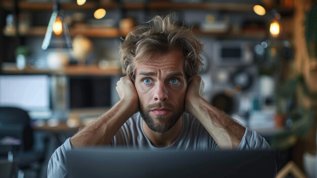 Photo confused man staring at computer screen