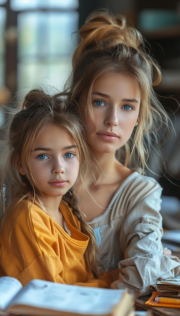 Photo confused parent teaching upset daughter at home