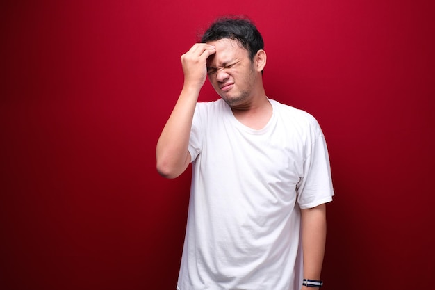 Confused and stress face of Young Asian man with hand gesture Advertising model concept