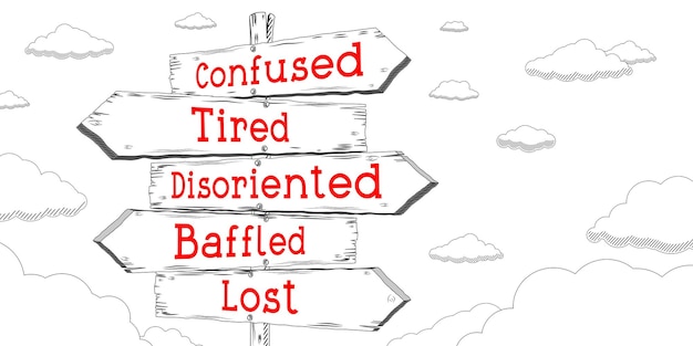 Confused tired disoriented baffled lost outline signpost with five arrows