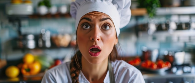 Confused Woman at Culinary School Trying to Follow Chefs Instructions with Kitchen Equipment and Ingredients