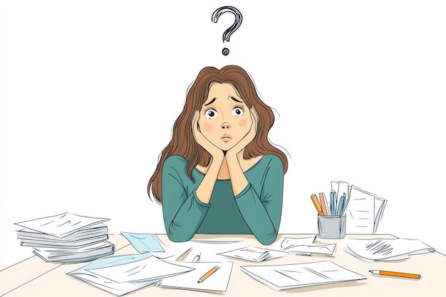 Photo confused woman at desk illustration