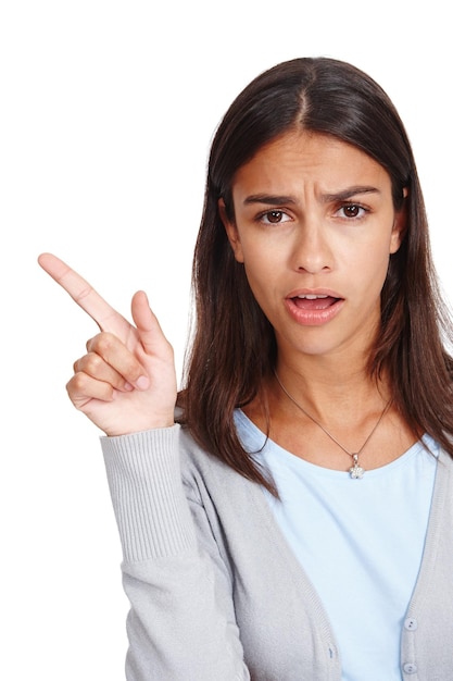 Confused woman portrait and pointing at space for mockup sale discount or promotion Shocked face of female model with hand for advertising or product placement isolated on a white background