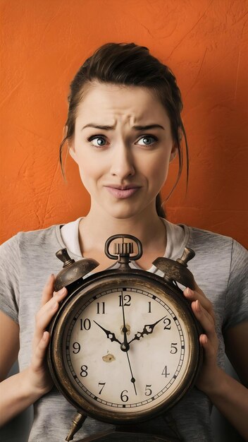 Confused young pretty woman holds clock looking at side isolated on orange wall