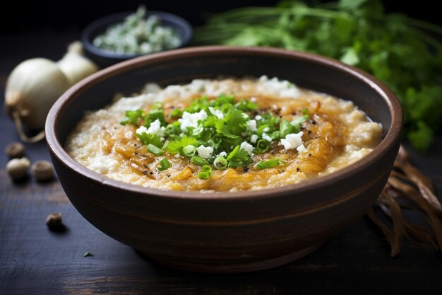 Photo congee with caramelized onion and feta delicious congee food image photography