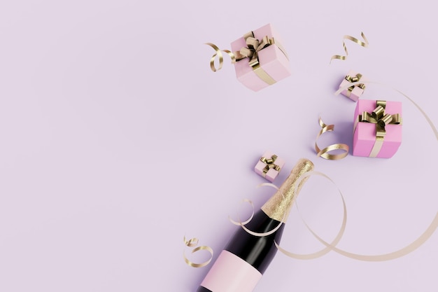 Congratulations on the holiday a bottle of champagne and boxes of gifts on a pastel background