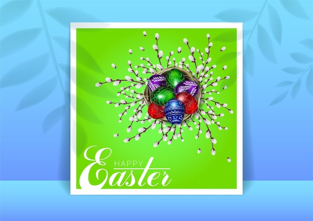 Congratulatory card or banner with Easter eggs in the nest Happy easter Congratulatory