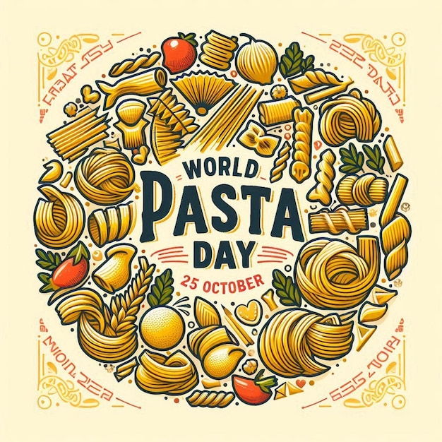 Congratulatory Message for World Pasta Day with Pasta Art Featuring Various Italian Pasta Types