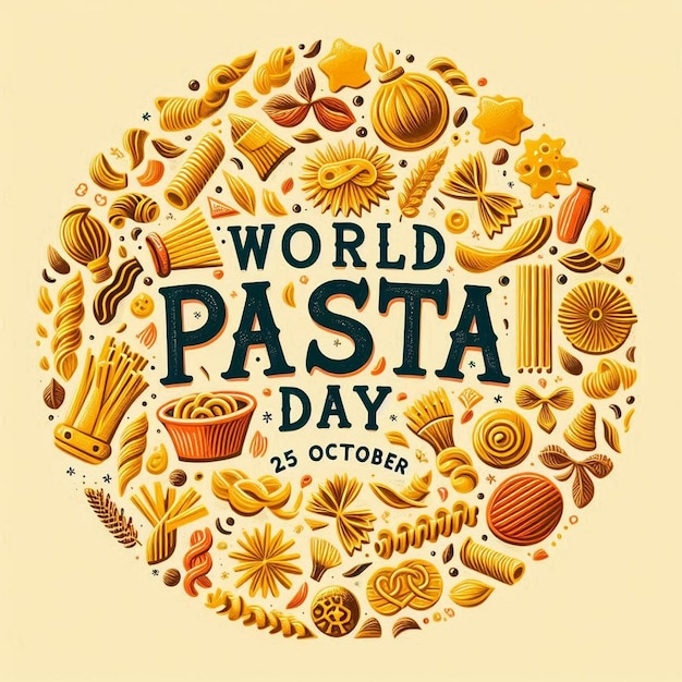 Congratulatory Message for World Pasta Day with Pasta Art Featuring Various Italian Pasta Types