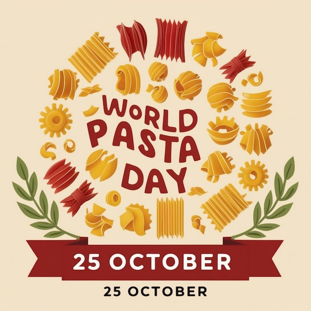 Photo congratulatory message for world pasta day with pasta art featuring various italian pasta types