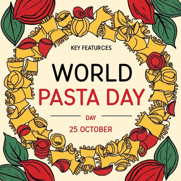 Photo congratulatory message for world pasta day with pasta art featuring various italian pasta types