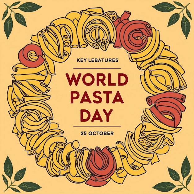 Photo congratulatory message for world pasta day with pasta art featuring various italian pasta types