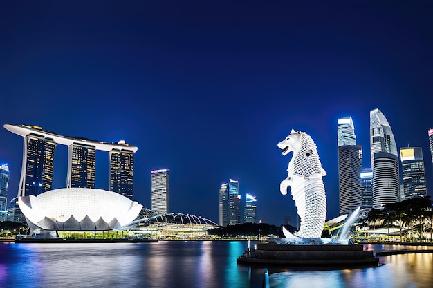 conic merlion statue silhouetted against singapores dazzling city scape ai generated