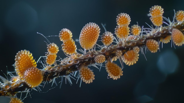 A of conidia clinging to a plant stem with their unique structures and textures helping them to