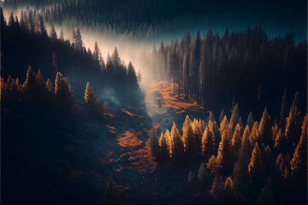 Coniferous foggy forest in the mountains Generative AI