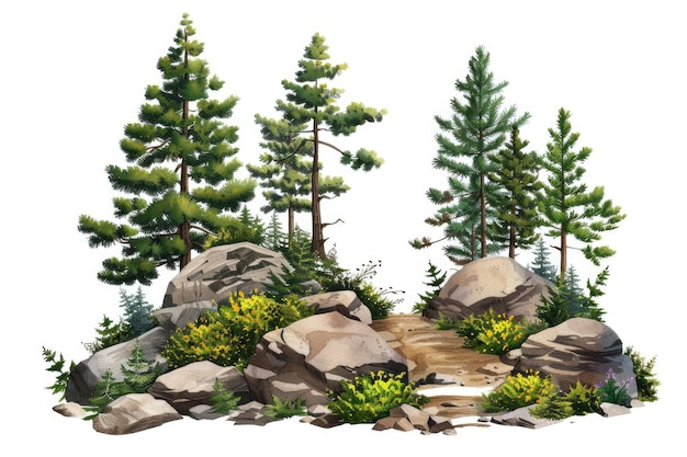 Coniferous forest pathway with cutout trees and rocks on white background Summer tree line landscape