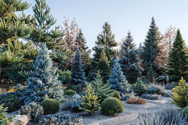 Photo coniferous garden with spruces and pines