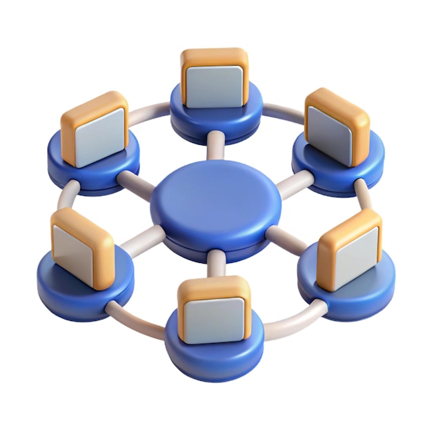 Photo connected network computers arranged in a circle 3d cartoon style illustration