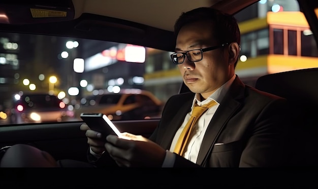 Connected onthego Asian businessman staying in touch with colleagues via tablet in car Creating using generative AI tools