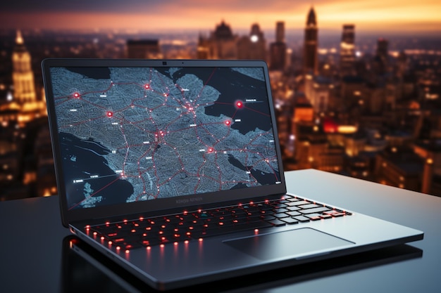 Connected travel laptop with GPS concept featuring map pointer on screen