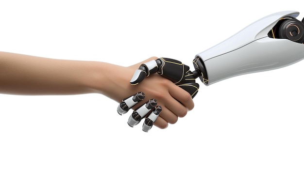 Photo connection between artificial intelligence and human intelligence with shake hand ai generative