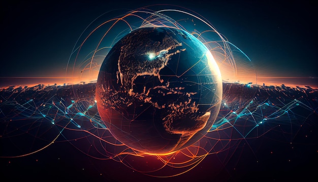 Connection lines around the Earth's surface future technology backdrop with circles and lines Internet social media travel or logistical concepts Generative AI